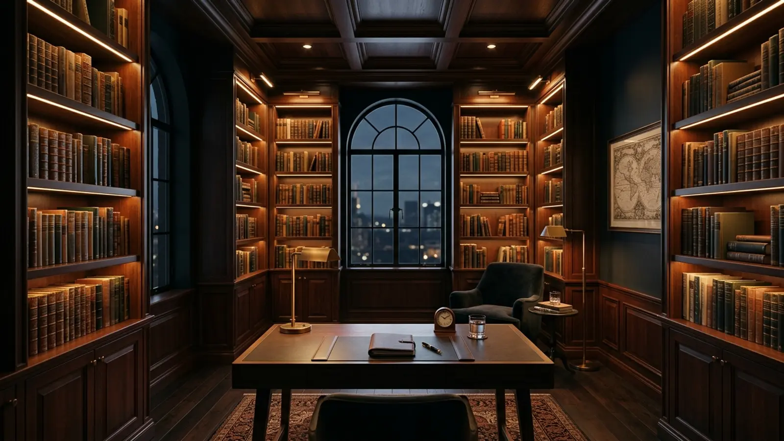 Sophisticated executive library and study interior with dark mahogany wood and warm ambient lighting